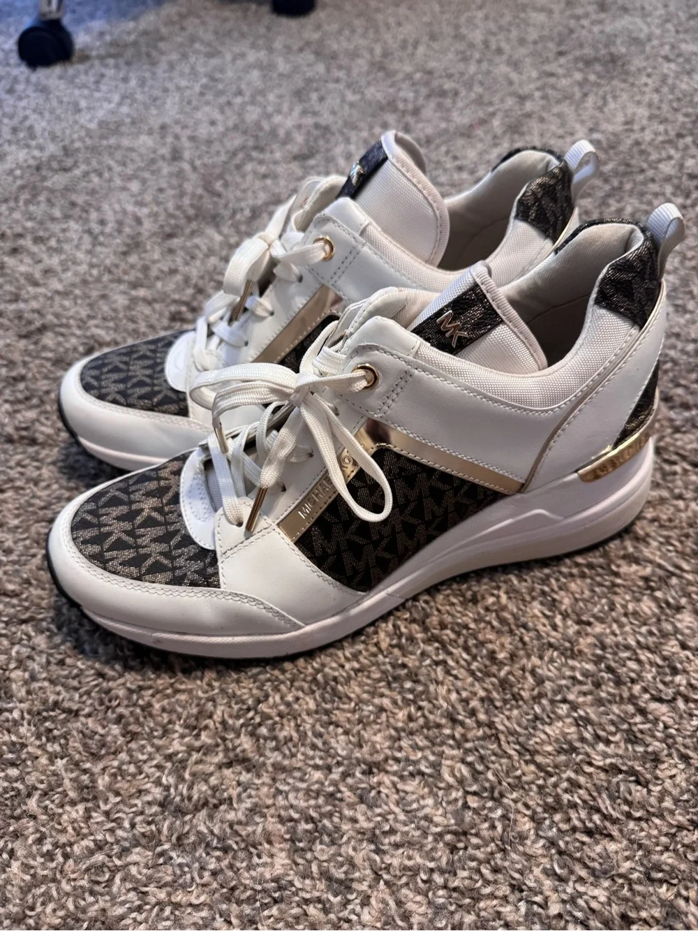 Michael Kors White and Brown MK Logo Wedge Sneakers with Gold Accents 9M